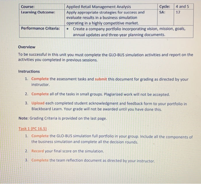 Course: Learning Outcome: Applied Retail