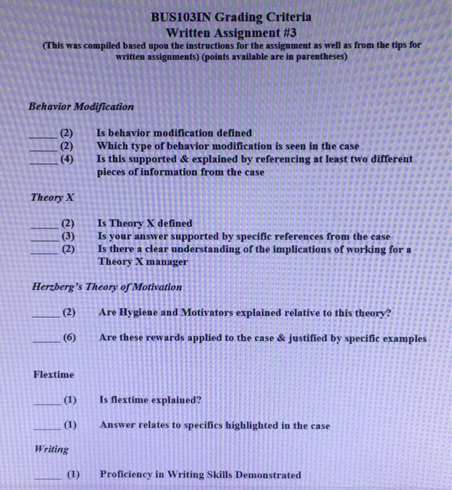 BUS103IN Grading Criteria Written Assignment #3
