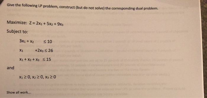 Give the following LP problem, construct (but do