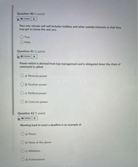 Question 40 (1 point) Listen Your one minute