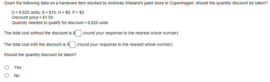 Given the following data on a hardware item