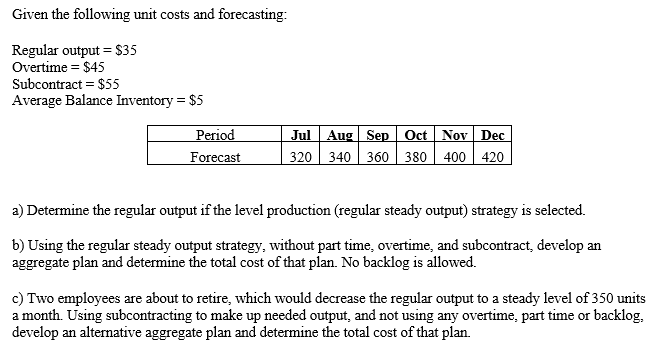 Given the following unit costs and forecasting: