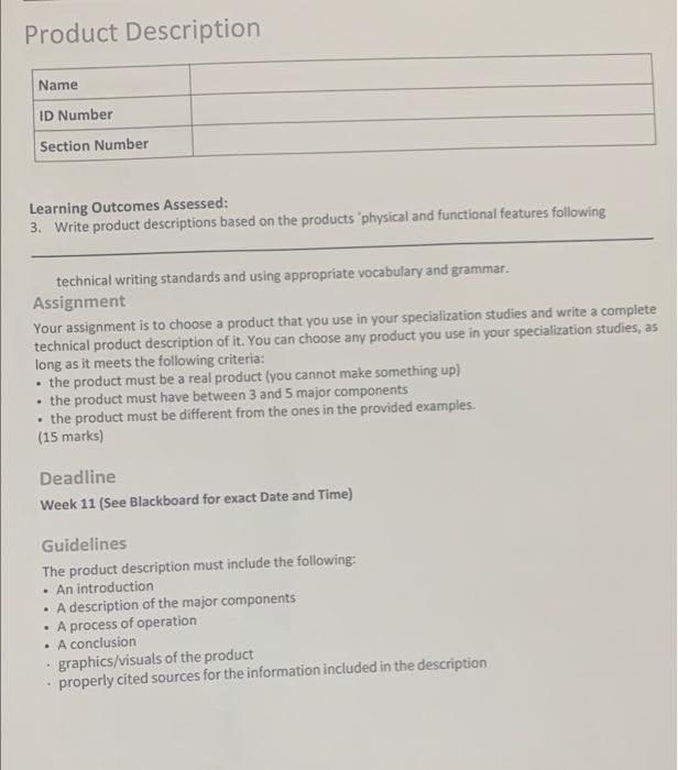 Product Description Name ID Number Section Number