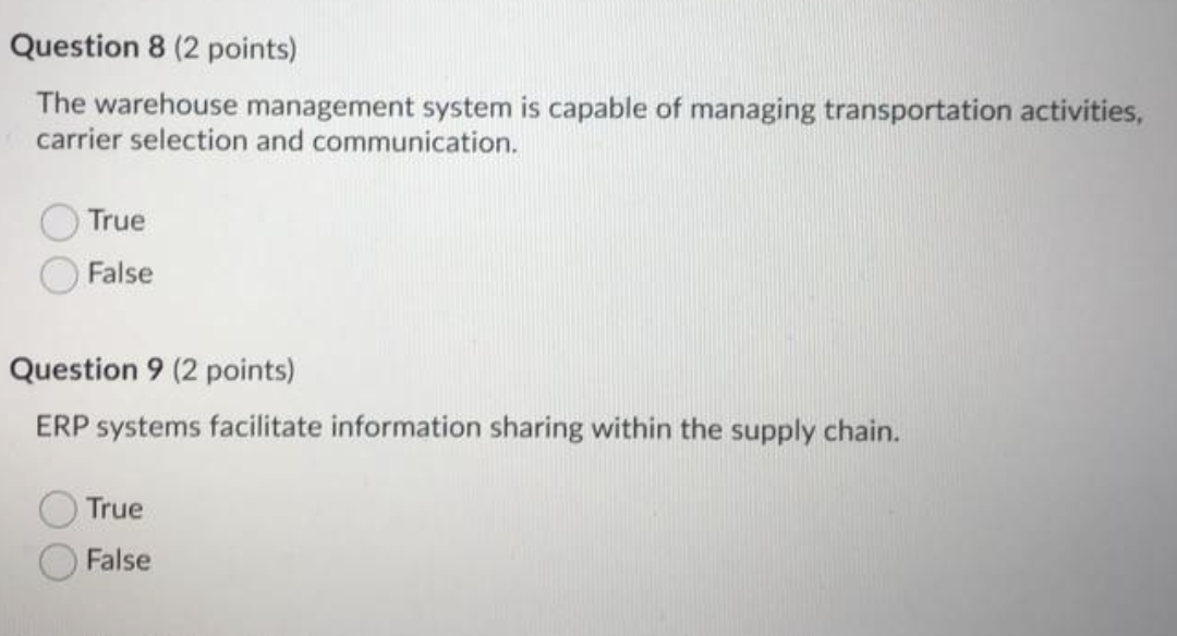 Question 8 (2 points) The warehouse management