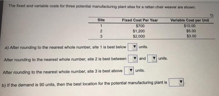 The fixed and variable costs for three potential
