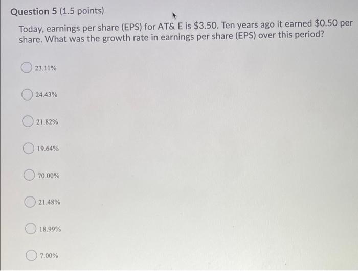 Question 5 (1.5 points) Today, earnings per share