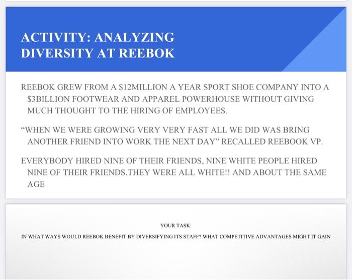 ACTIVITY: ANALYZING DIVERSITY AT REEBOK REEBOK