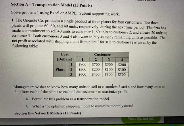 Section A - Transportation Model (25 Points)