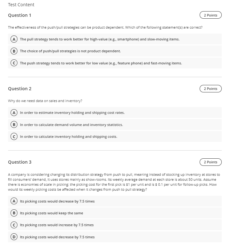 Test Content Question 1 2 Points The
