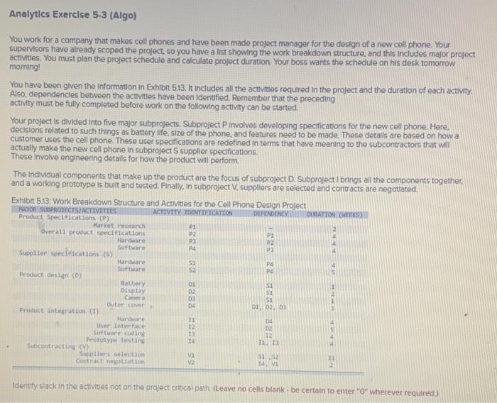 Analytics Exercise 5-3 (Algo) You work for a