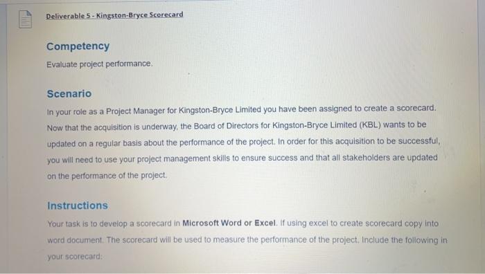 Deliverable 5 - Kingston-Bryce Scorecard