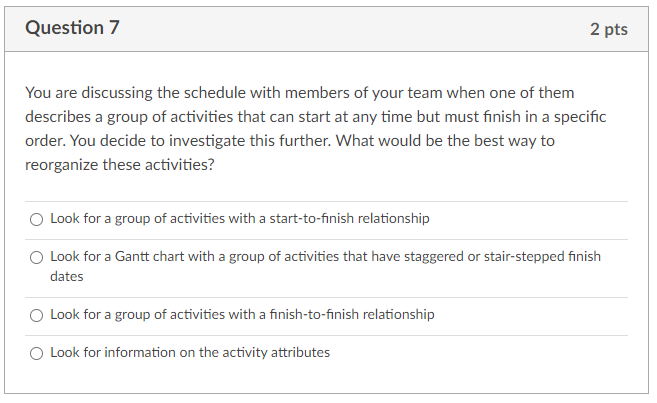 Question 7 2 pts You are discussing the schedule