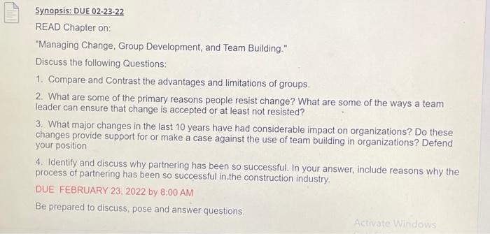 Synopsis: DUE 02-23-22 READ Chapter on: "Managing