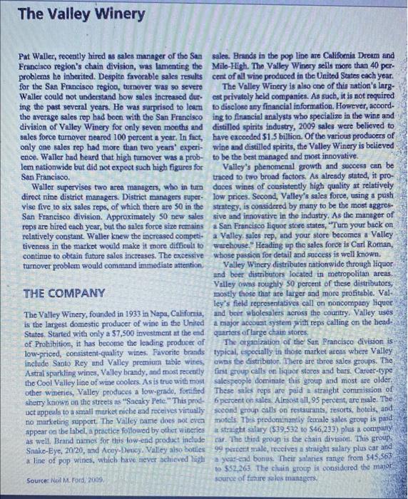 Case 1 Valley Winery The questions are listed in