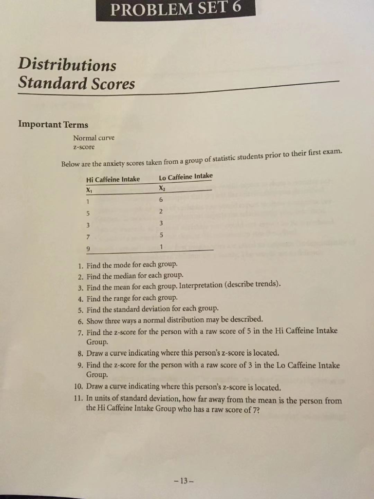 PROBLEM SET 6 Distributions Standard Scores
