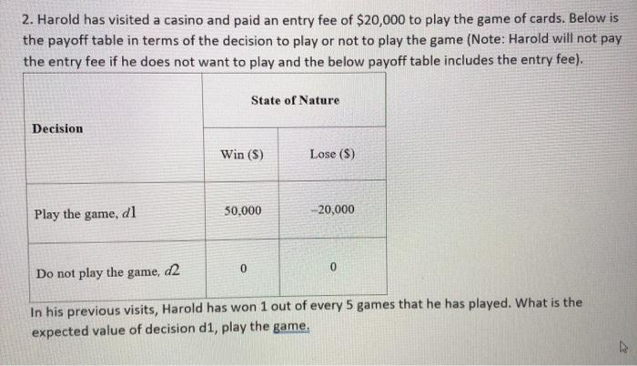 2. Harold has visited a casino and paid an entry