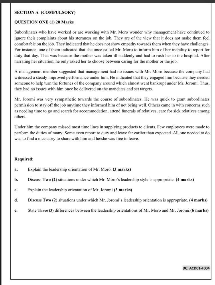 SECTION A (COMPULSORY) QUESTION ONE (1) 20 Marks