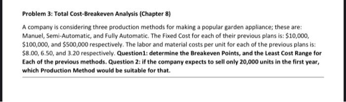 Problem 3: Total Cost-Breakeven Analysis (Chapter
