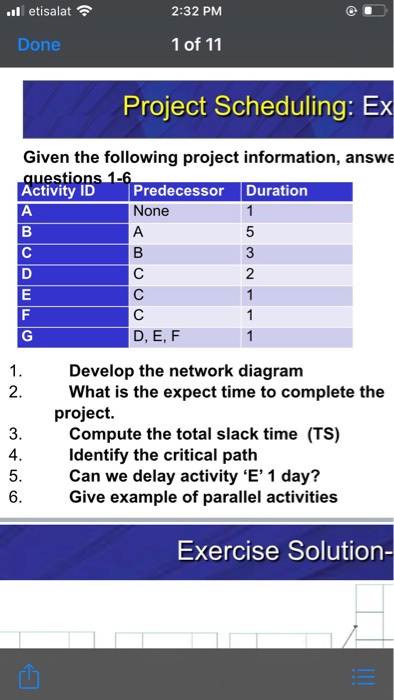 ..l etisalat 2:32 PM Done 1 of 11 Project