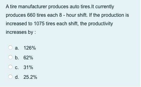 A tire manufacturer produces auto tires.lt