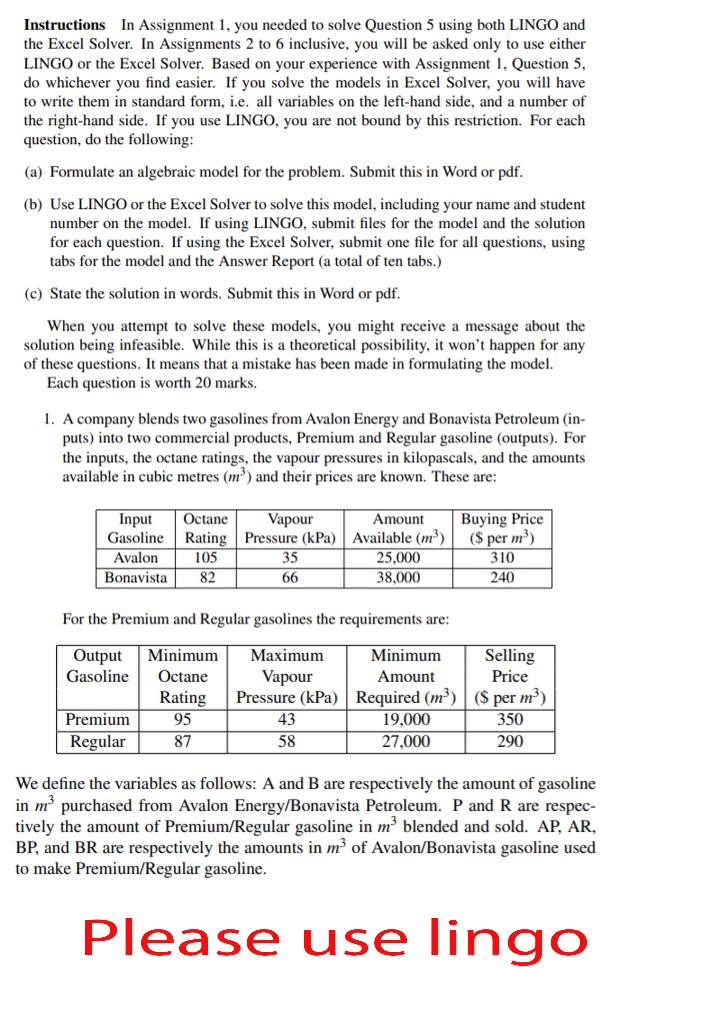Instructions In Assignment 1. you needed to solve