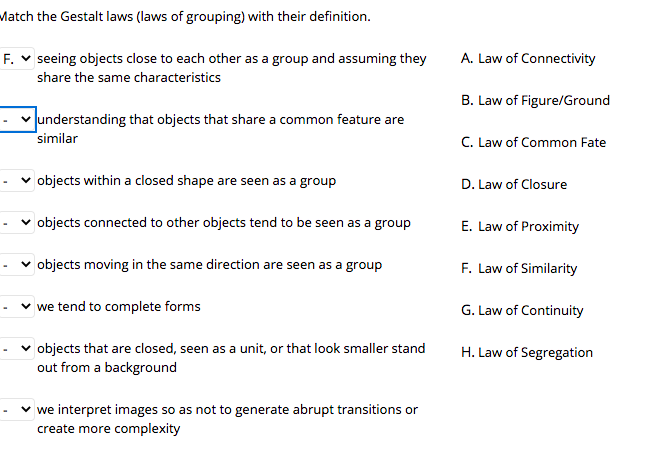 Match the Gestalt laws (laws of grouping) with