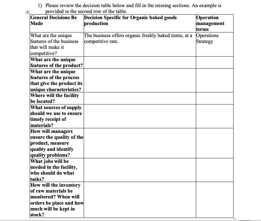 1) Pleace reviexz the decicion tahle helow and