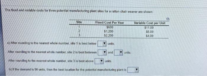 The fixed and variable costs for three potential