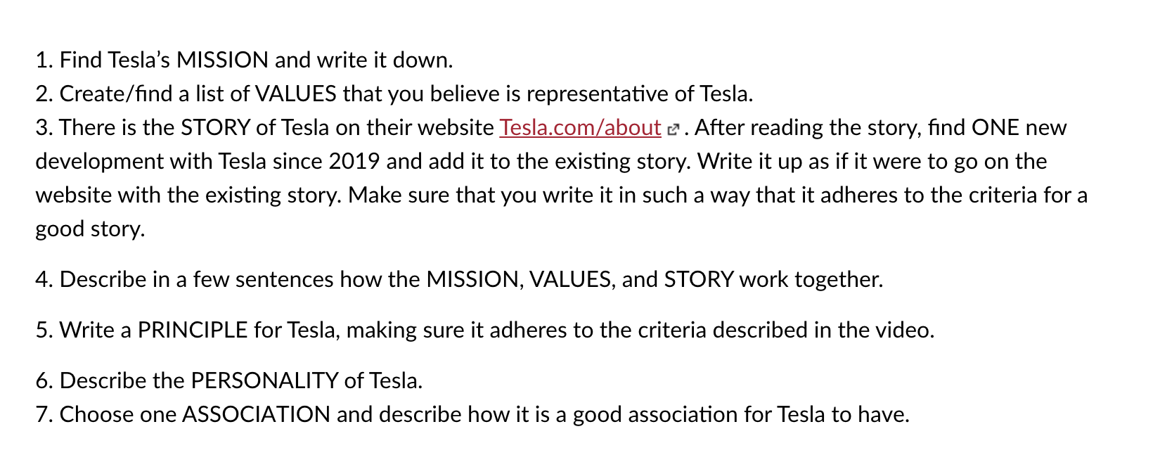 1. Find Tesla's MISSION and write it down. 2.