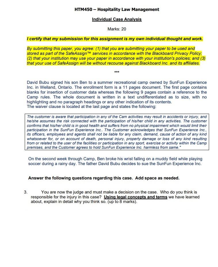 HTM450 - Hospitality Law Management Individual