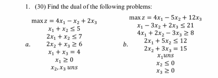 1. (30) Find the dual of the following problems:
