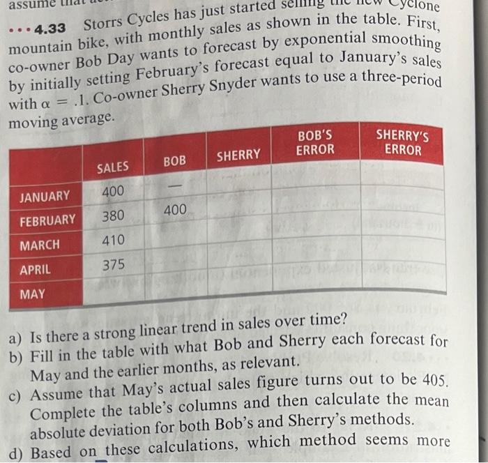mountain bike, with monthly sales as shown in the