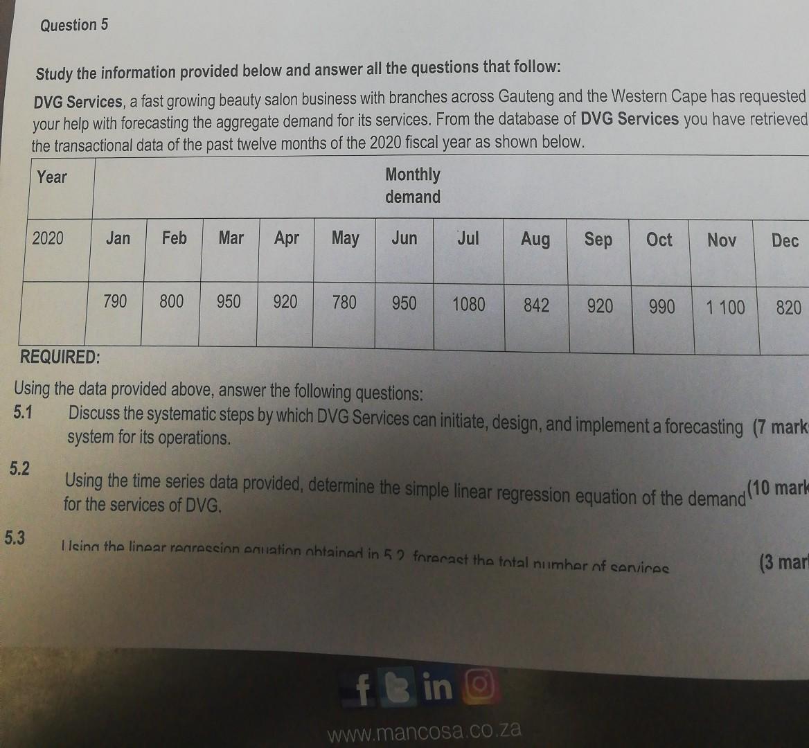 Question 5 Study the information provided below