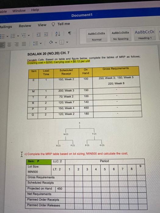 mrp table Cable Window Help Mailings Review M T R