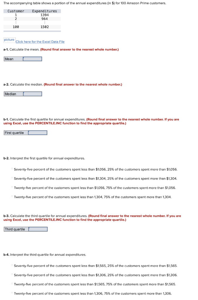 Customer Expenditures 1 1394 2 964 3 1211 4 1044