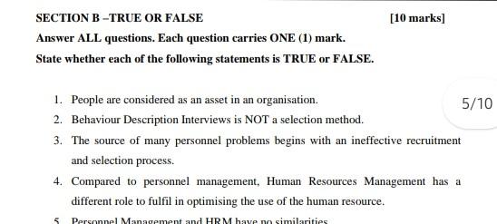 true or false [10 marks) SECTION B-TRUE OR FALSE
