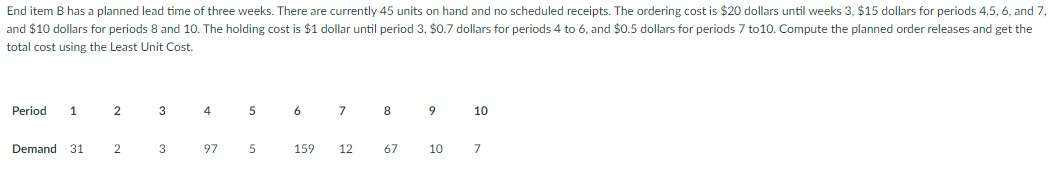 Fill with the table with this format End item B