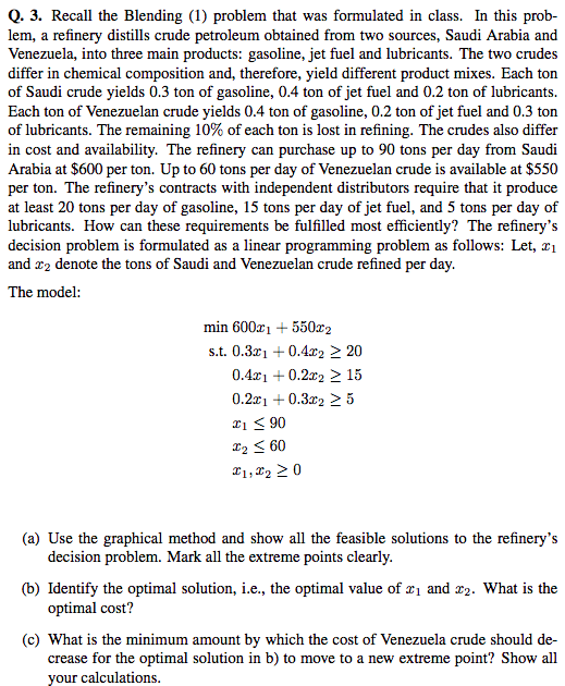 Q. 3. Recall the Blending (1) problem that was