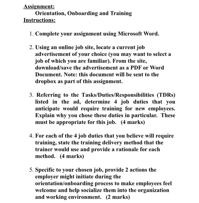 Assignment: Orientation, Onboarding and Training