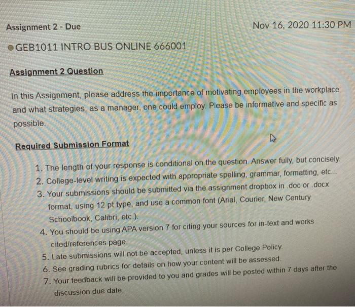 Assignment 2 - Due Nov 16, 2020 11:30 PM GEB1011