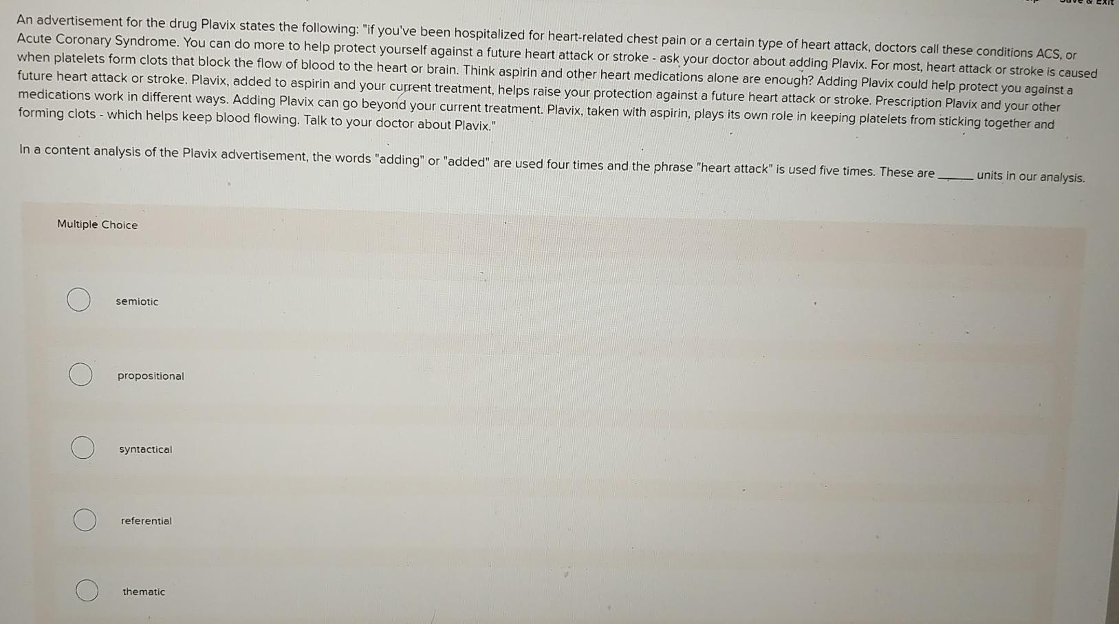 An advertisement for the drug Plavix states the