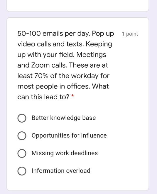 50-100 emails per day. Pop up 1 point video calls