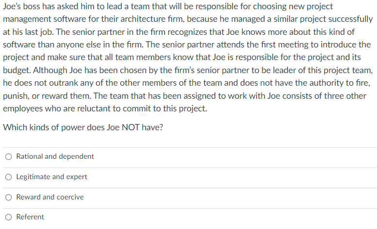 Joe's boss has asked him to lead a team that will