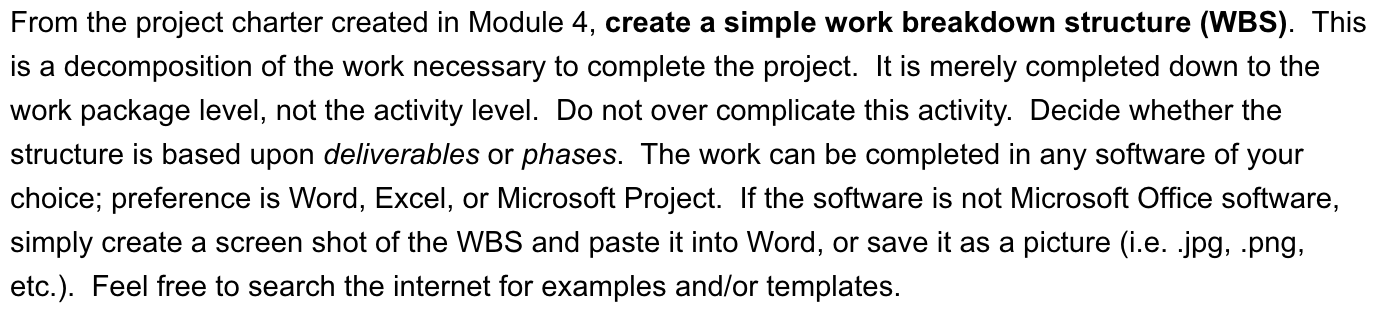 From the project charter created in Module 4,