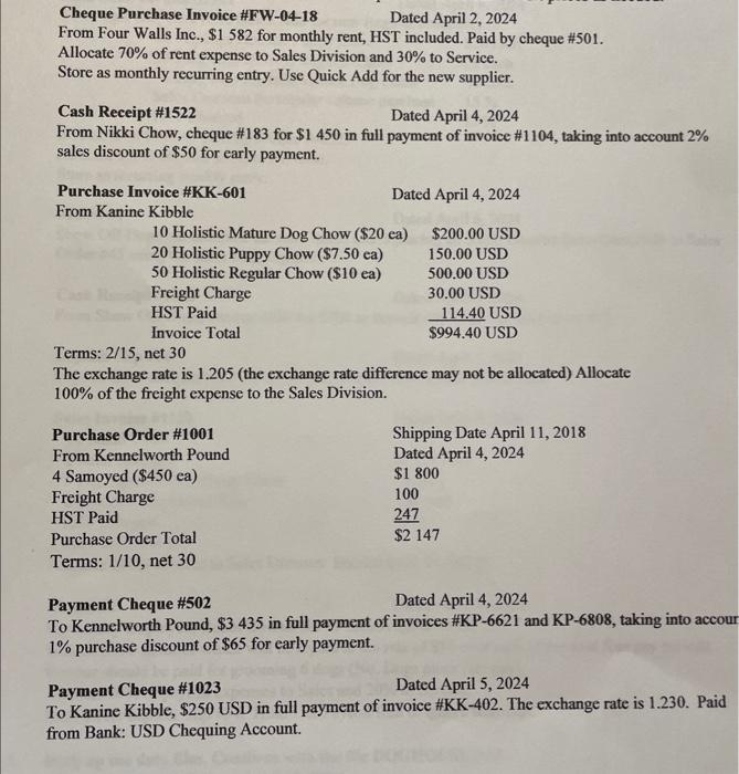 Cheque Purchase Invoice \#FW-04-18 Dated April 2,