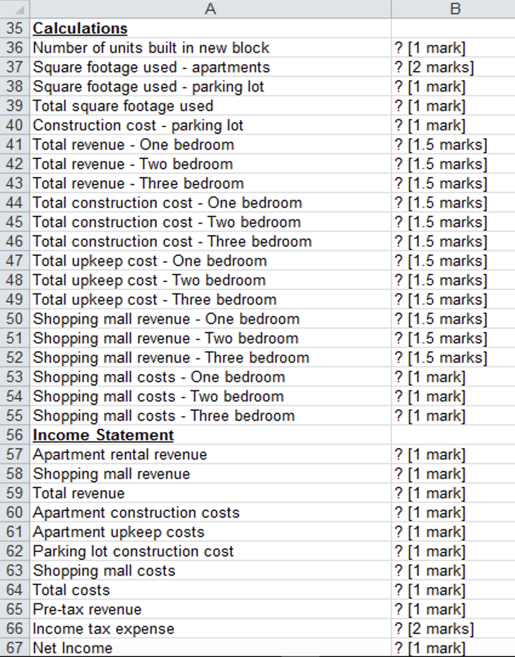 Write the Excel formula for each cell marked with