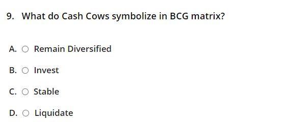 9. What do Cash Cows symbolize in BCG matrix? A.