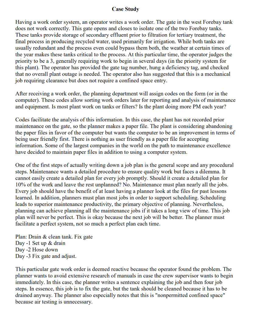 I need a work order from this given case study.