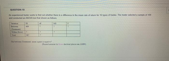 QUESTION 10 An experienced trader wants to find