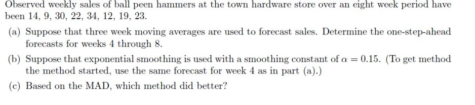 Observed weekly sales of ball peen hammers at the